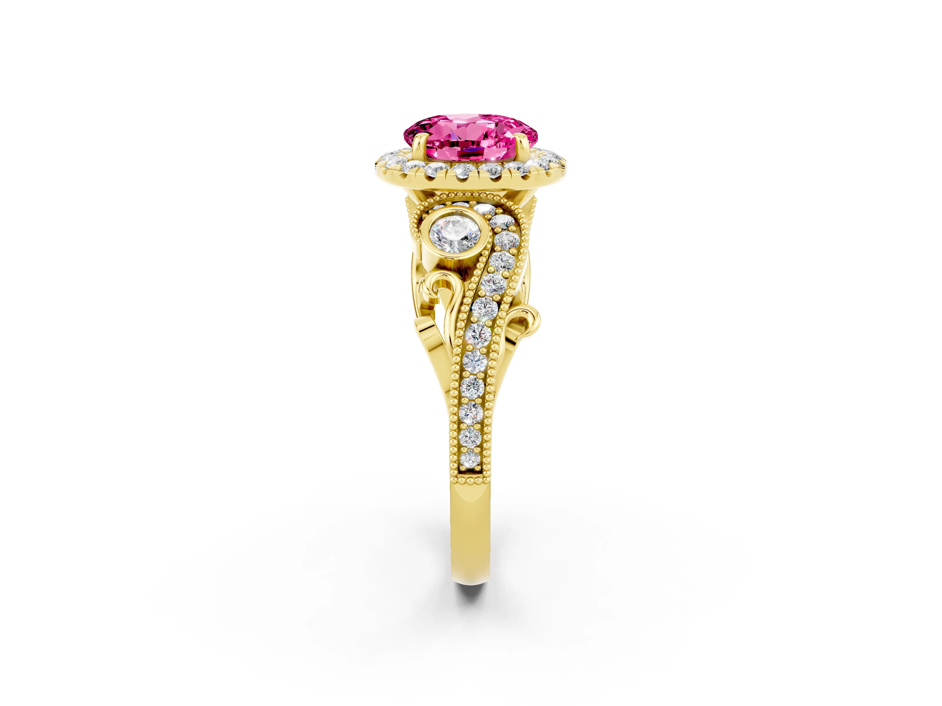 Yellow gold Round Cut Pink Sapphire Halo Ring with Milgrain Pavé Band and Four-Prong Setting_14