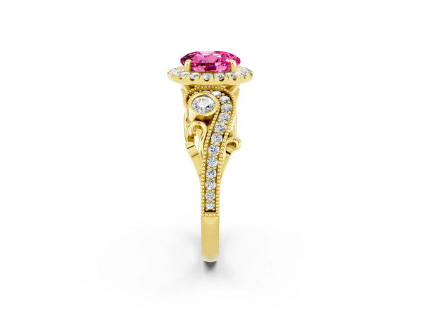 Yellow gold Round Cut Pink Sapphire Halo Ring with Milgrain Pavé Band and Four-Prong Setting