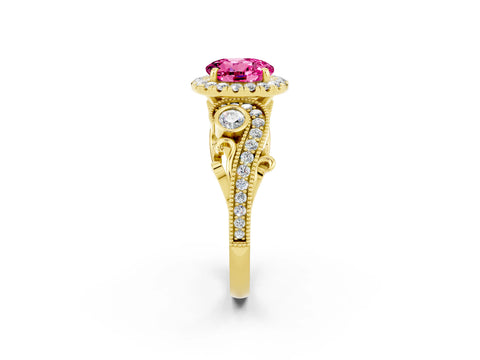 Yellow gold Round Cut Pink Sapphire Halo Ring with Milgrain Pavé Band and Four-Prong Setting_14