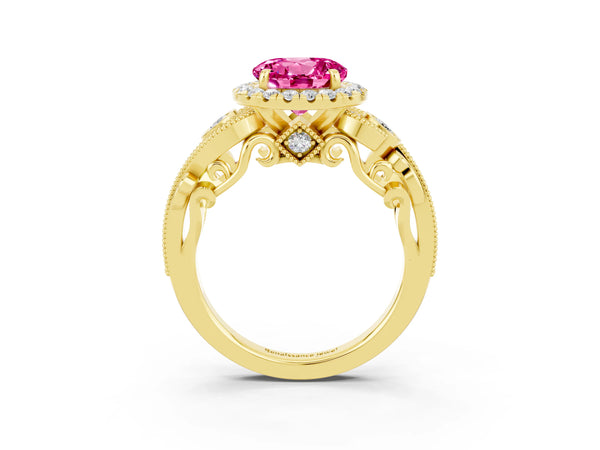 Yellow gold Round Cut Pink Sapphire Halo Ring with Milgrain Pavé Band and Four-Prong Setting