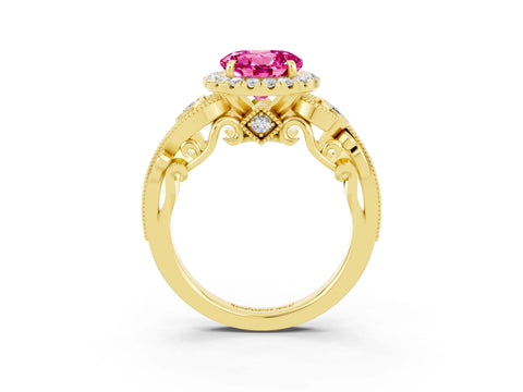 Yellow gold Round Cut Pink Sapphire Halo Ring with Milgrain Pavé Band and Four-Prong Setting_15