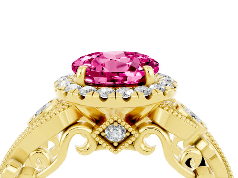 Yellow gold Round Cut Pink Sapphire Halo Ring with Milgrain Pavé Band and Four-Prong Setting_16