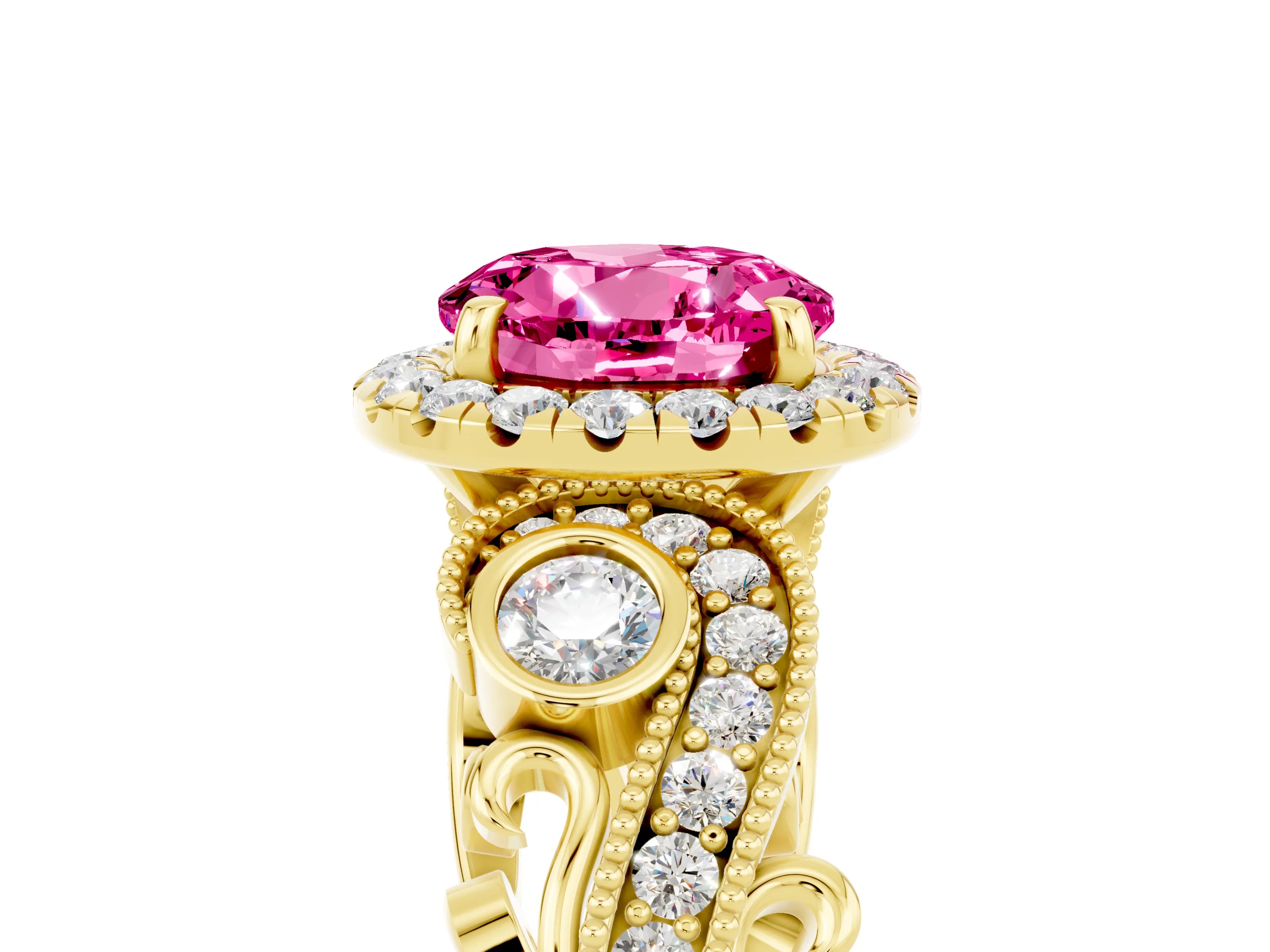 Yellow gold Round Cut Pink Sapphire Halo Ring with Milgrain Pavé Band and Four-Prong Setting_17