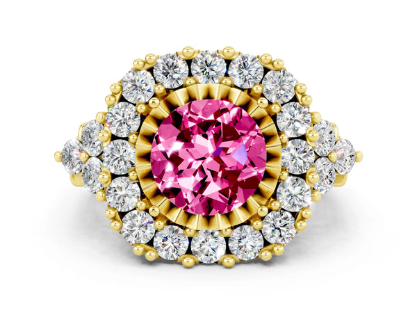 Yellow gold Round Cut Pink Sapphire Halo Ring with Pavé Band and Four-Prong Setting
