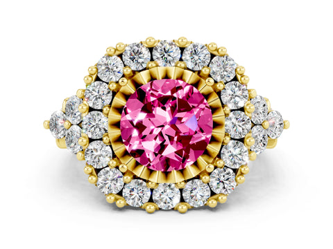 Yellow gold Round Cut Pink Sapphire Halo Ring with Pavé Band and Four-Prong Setting_12