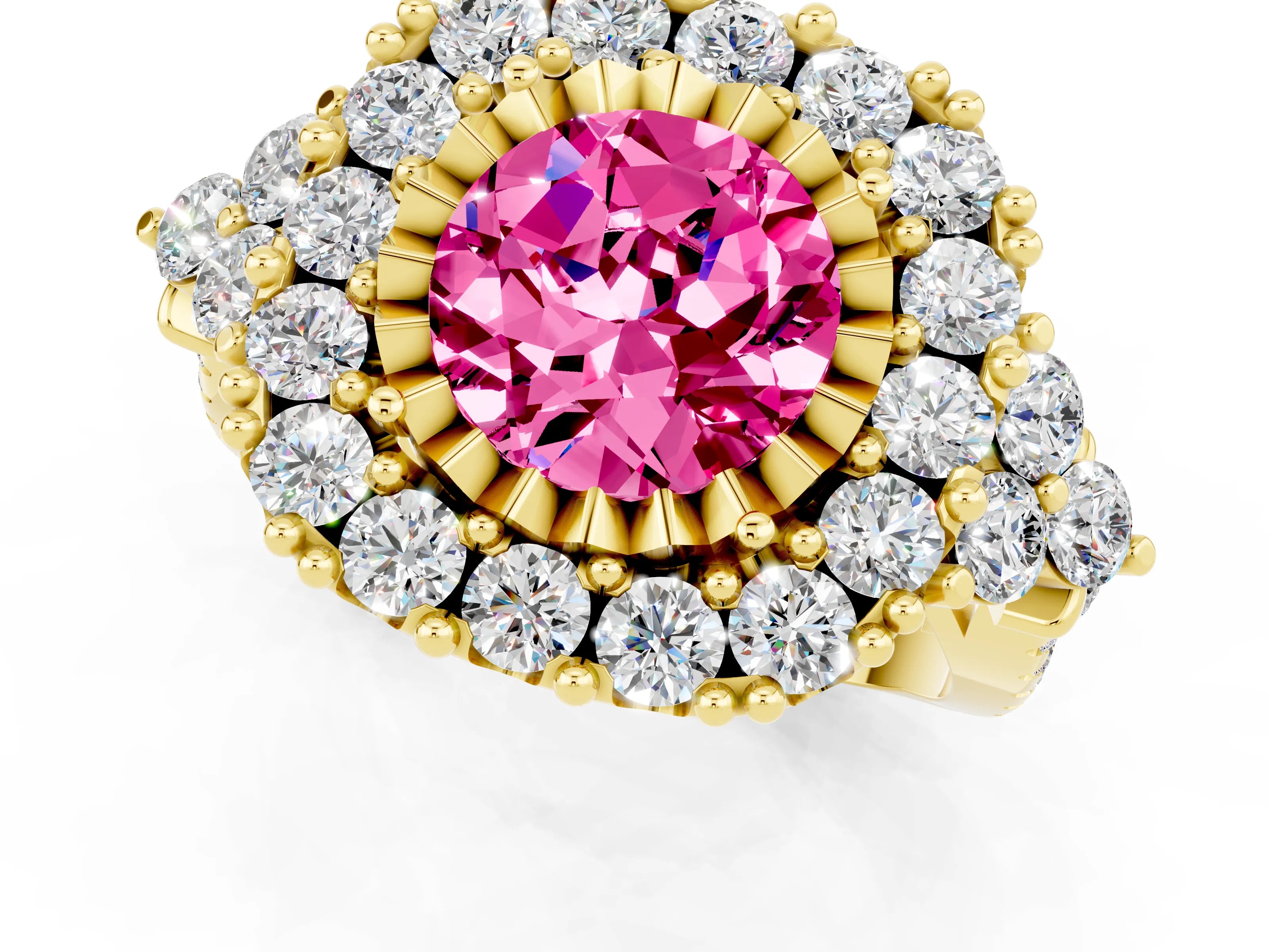 Yellow gold Round Cut Pink Sapphire Halo Ring with Pavé Band and Four-Prong Setting_13