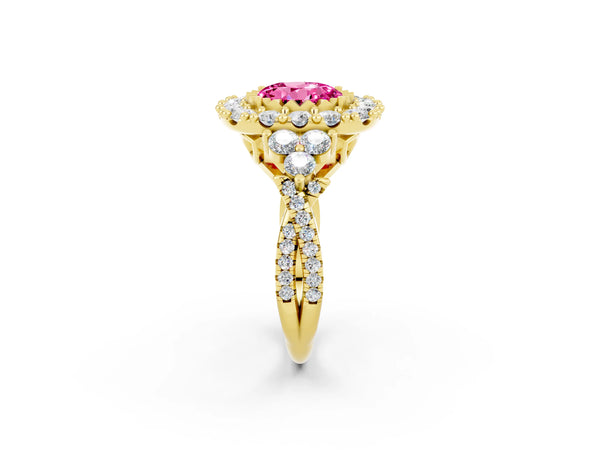 Yellow gold Round Cut Pink Sapphire Halo Ring with Pavé Band and Four-Prong Setting