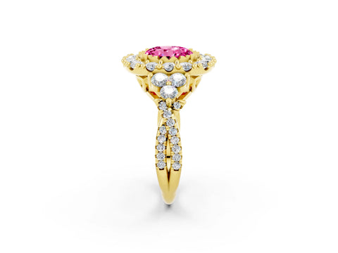 Yellow gold Round Cut Pink Sapphire Halo Ring with Pavé Band and Four-Prong Setting_14
