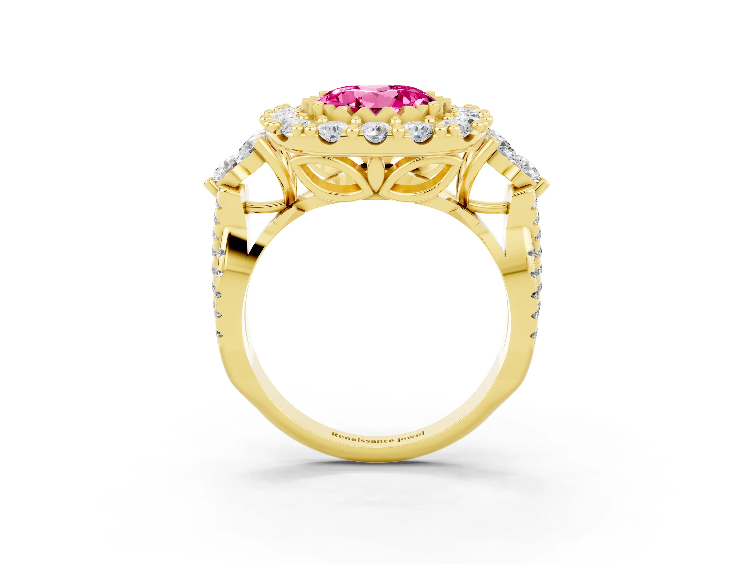 Yellow gold Round Cut Pink Sapphire Halo Ring with Pavé Band and Four-Prong Setting_15