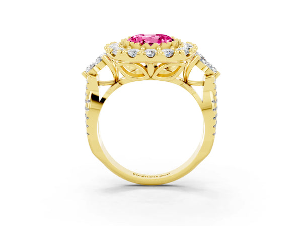 Yellow gold Round Cut Pink Sapphire Halo Ring with Pavé Band and Four-Prong Setting