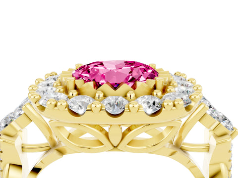 Yellow gold Round Cut Pink Sapphire Halo Ring with Pavé Band and Four-Prong Setting_16