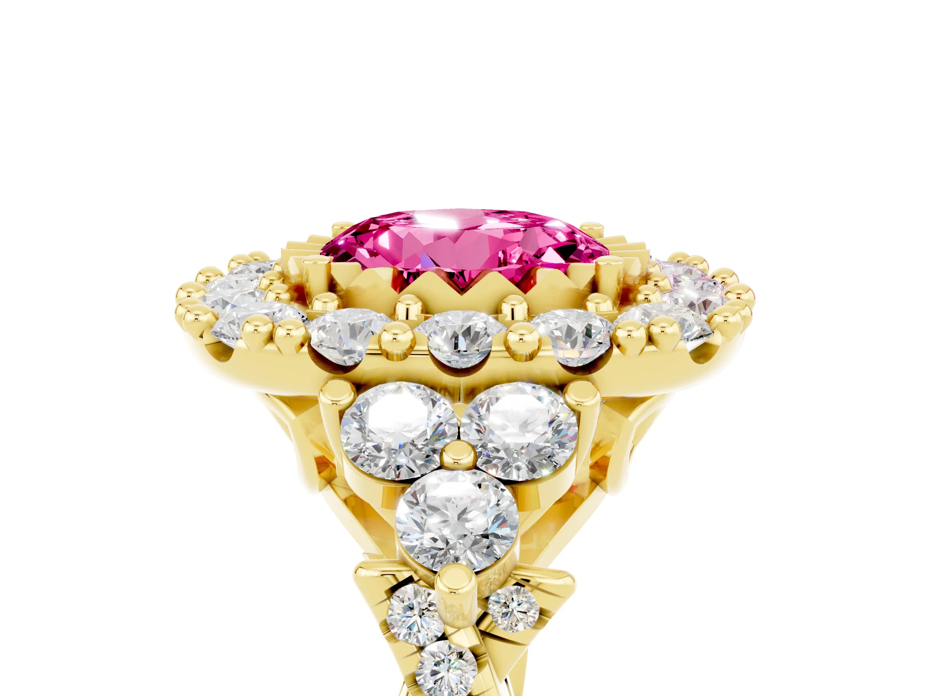 Yellow gold Round Cut Pink Sapphire Halo Ring with Pavé Band and Four-Prong Setting_17