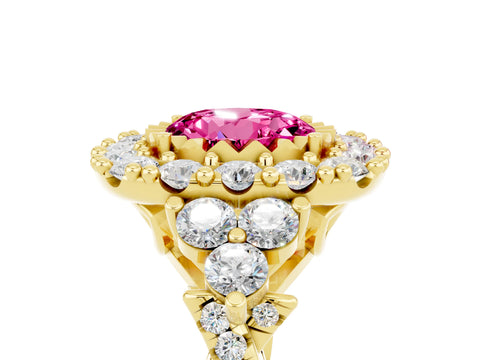 Yellow gold Round Cut Pink Sapphire Halo Ring with Pavé Band and Four-Prong Setting_17