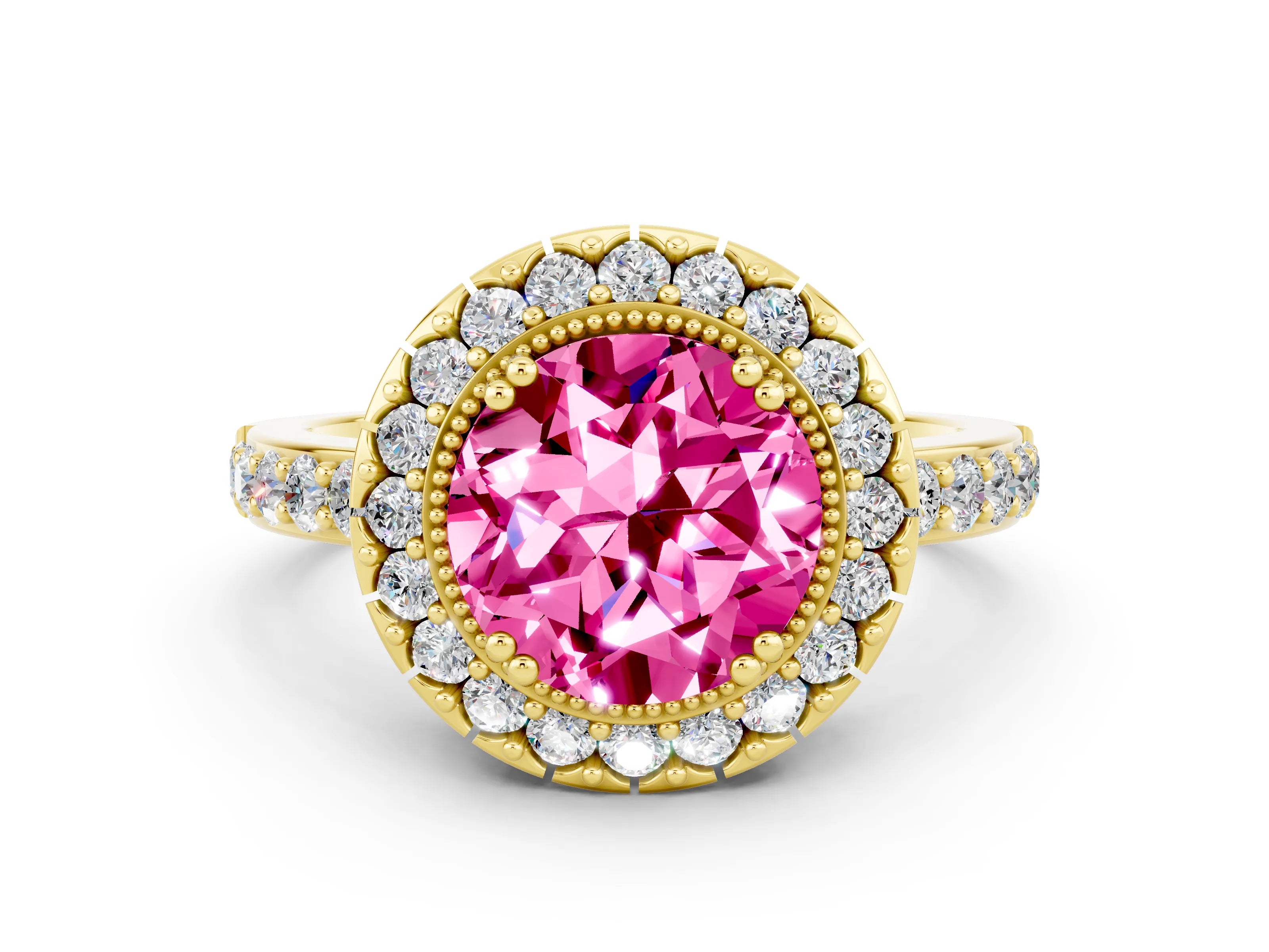 Yellow gold Round Cut Pink Sapphire Halo Ring with Pavé Band and Prong Setting