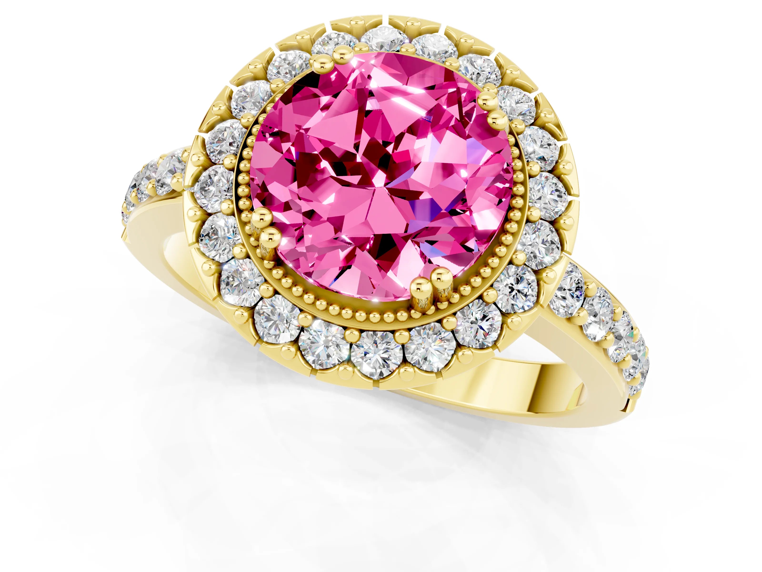 Yellow gold Round Cut Pink Sapphire Halo Ring with Pavé Band and Prong Setting_1