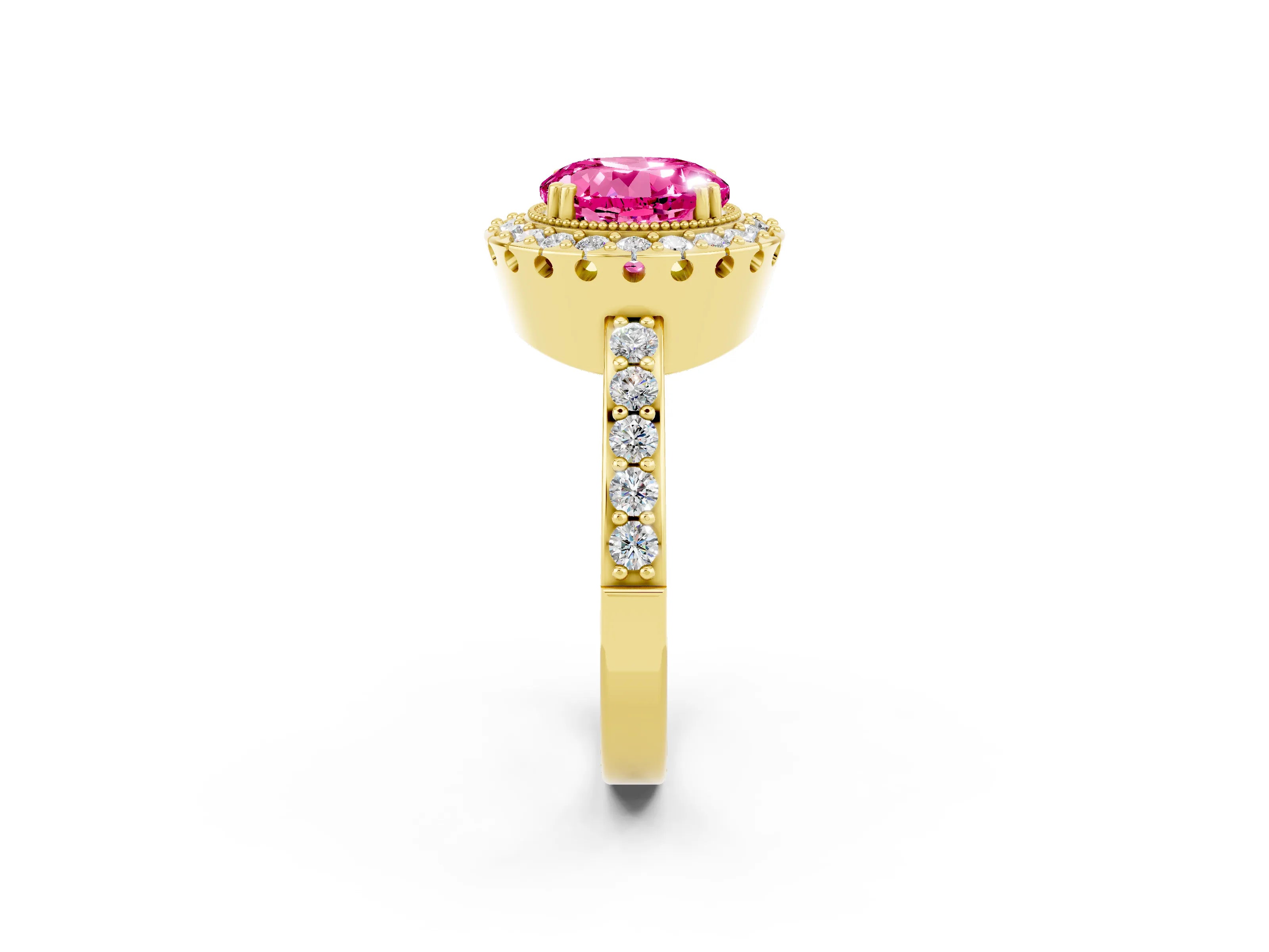 Yellow gold Round Cut Pink Sapphire Halo Ring with Pavé Band and Prong Setting_2