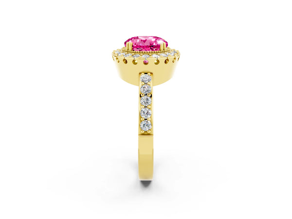 Yellow gold Round Cut Pink Sapphire Halo Ring with Pavé Band and Prong Setting