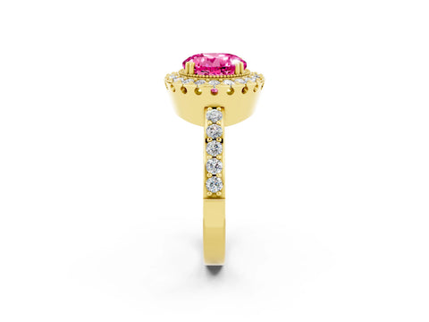 Yellow gold Round Cut Pink Sapphire Halo Ring with Pavé Band and Prong Setting_2