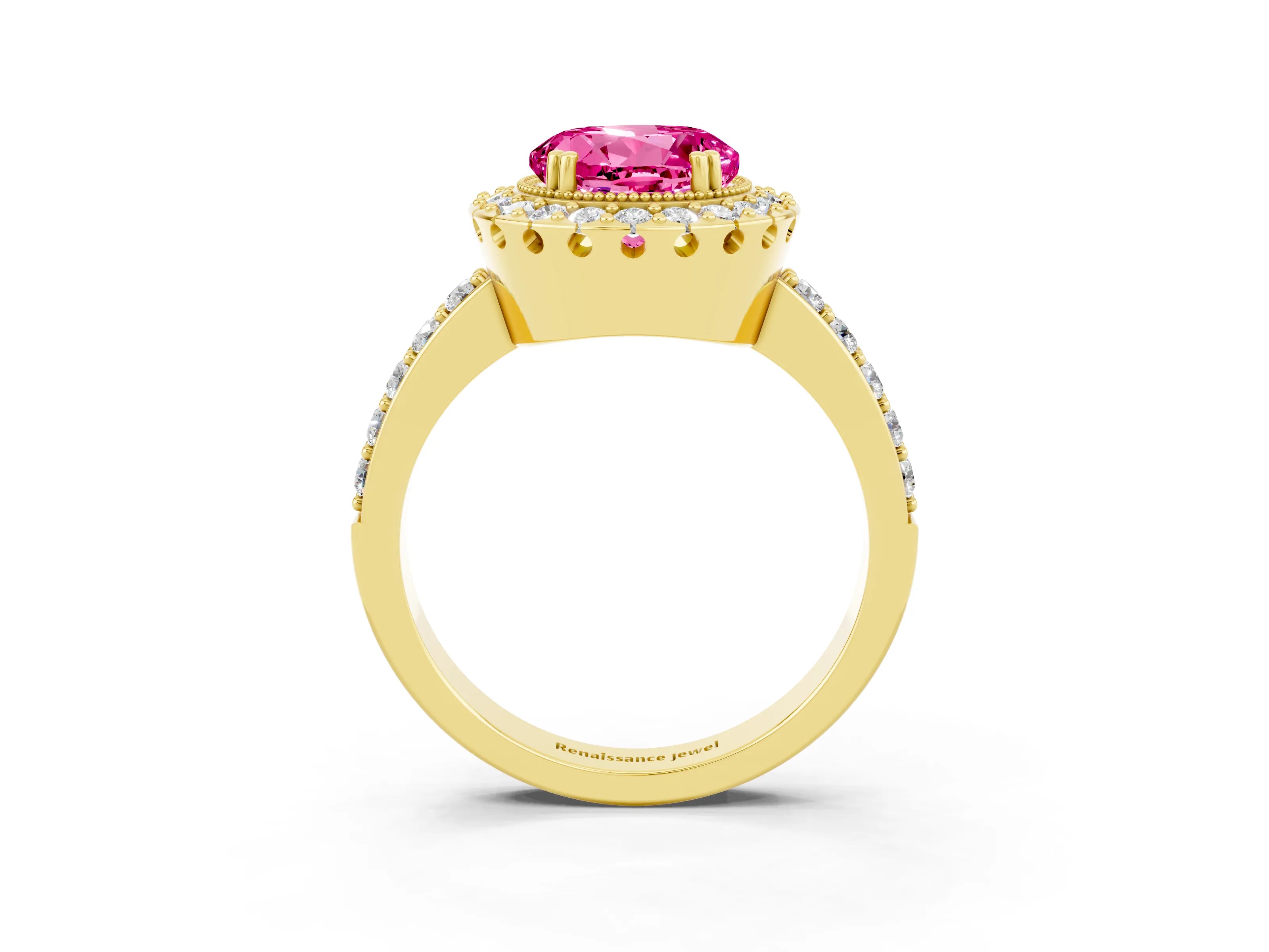 Yellow gold Round Cut Pink Sapphire Halo Ring with Pavé Band and Prong Setting_3