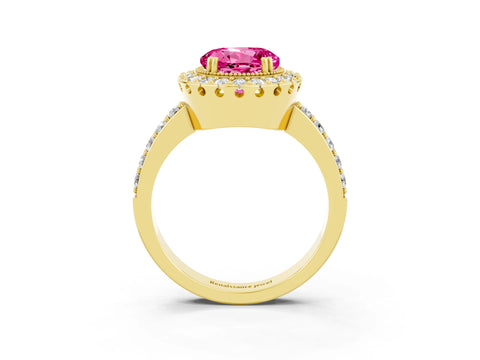 Yellow gold Round Cut Pink Sapphire Halo Ring with Pavé Band and Prong Setting_3