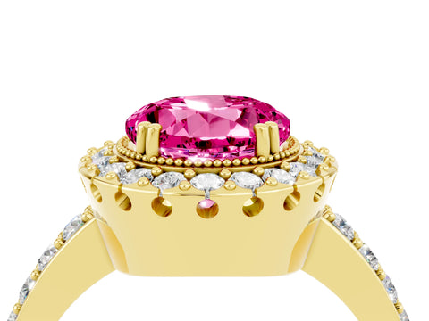 Yellow gold Round Cut Pink Sapphire Halo Ring with Pavé Band and Prong Setting_4