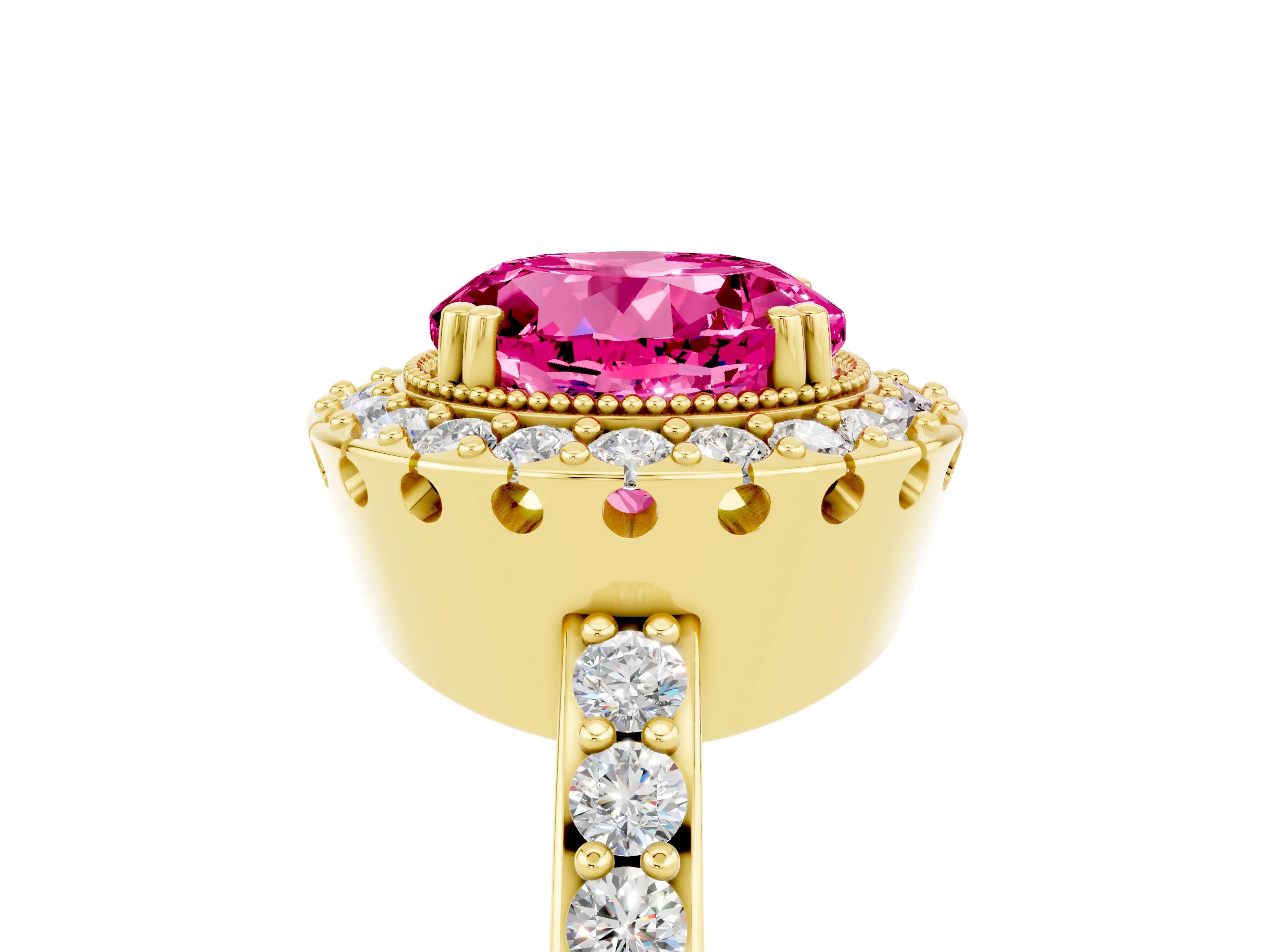 Yellow gold Round Cut Pink Sapphire Halo Ring with Pavé Band and Prong Setting_5