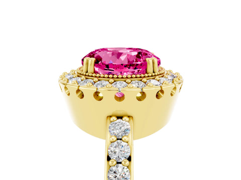 Yellow gold Round Cut Pink Sapphire Halo Ring with Pavé Band and Prong Setting_5