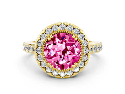 Yellow gold Round Cut Pink Sapphire Halo Ring with Pavé Band and Prong Setting