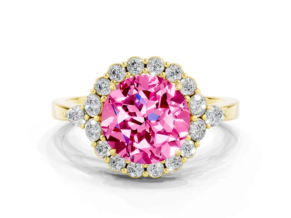 Yellow gold Round Cut Pink Sapphire Halo Ring with Pear Side Stones and Prong Setting