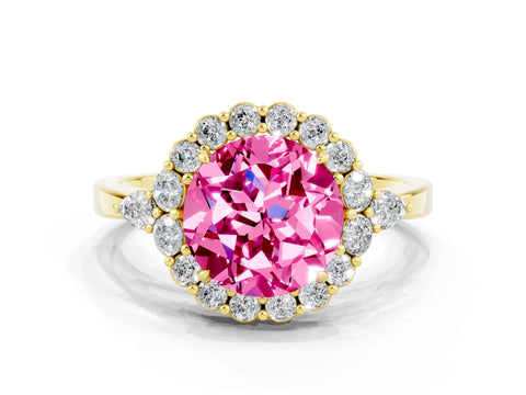Yellow gold Round Cut Pink Sapphire Halo Ring with Pear Side Stones and Prong Setting_12