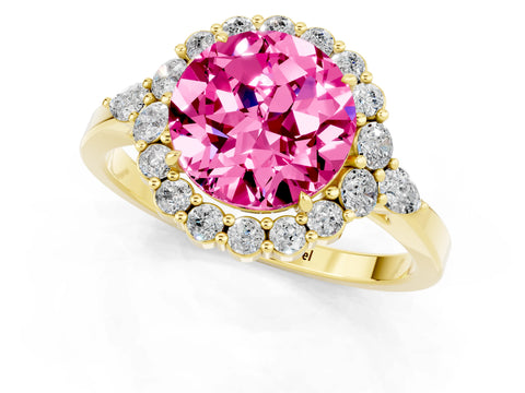 Yellow gold Round Cut Pink Sapphire Halo Ring with Pear Side Stones and Prong Setting_13