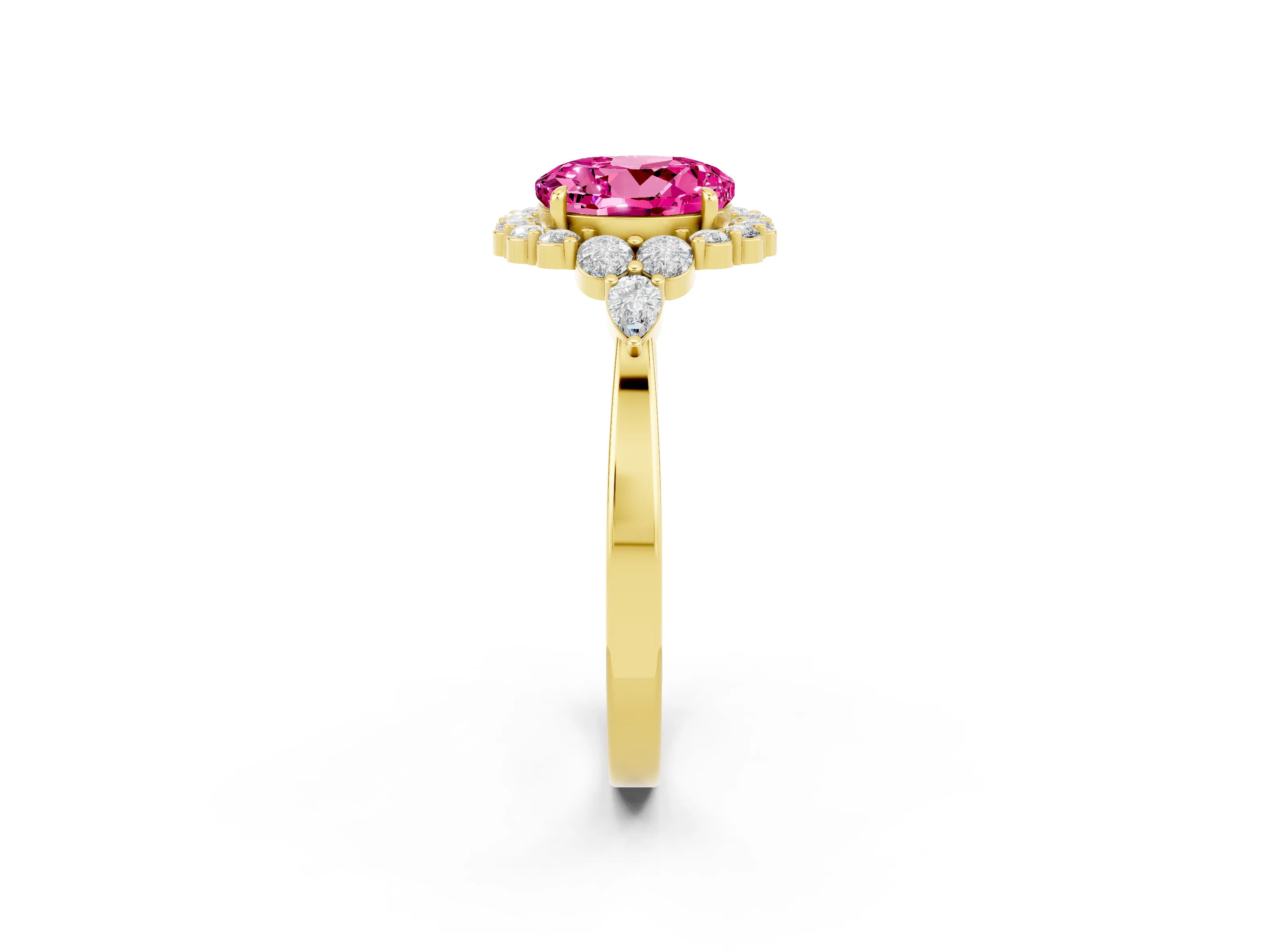 Yellow gold Round Cut Pink Sapphire Halo Ring with Pear Side Stones and Prong Setting_14