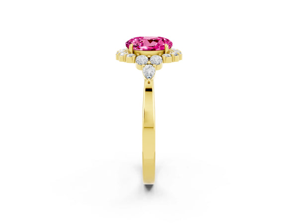 Yellow gold Round Cut Pink Sapphire Halo Ring with Pear Side Stones and Prong Setting