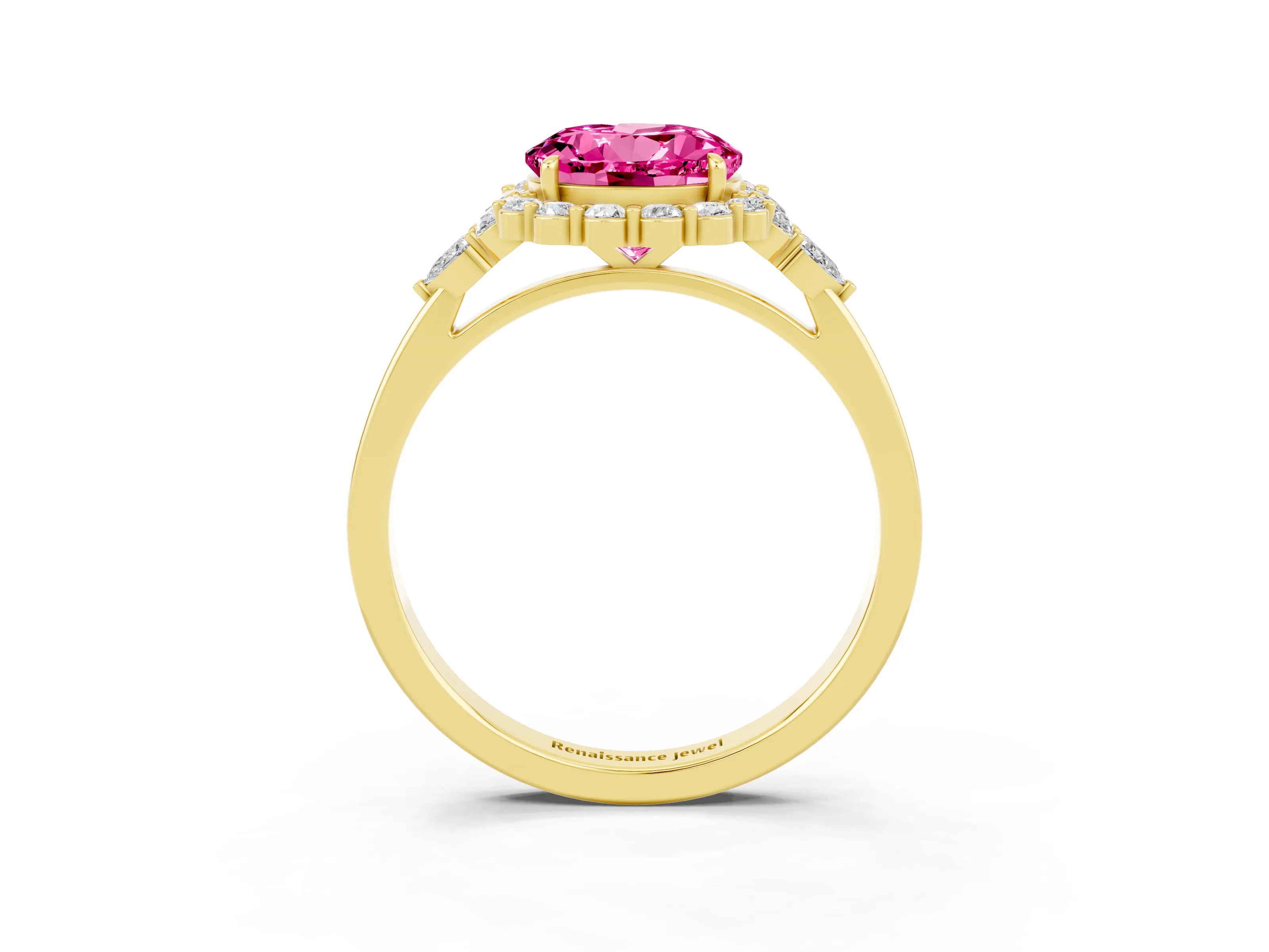 Yellow gold Round Cut Pink Sapphire Halo Ring with Pear Side Stones and Prong Setting_15