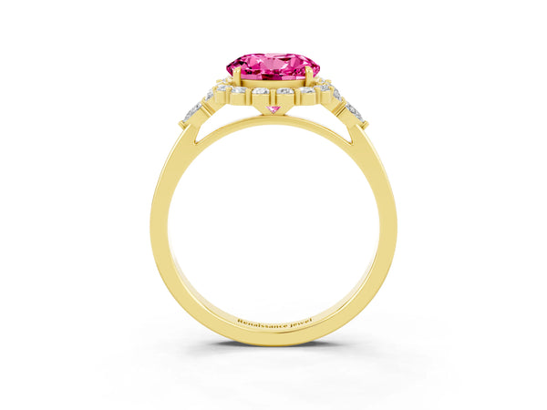 Yellow gold Round Cut Pink Sapphire Halo Ring with Pear Side Stones and Prong Setting