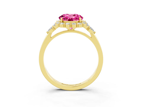 Yellow gold Round Cut Pink Sapphire Halo Ring with Pear Side Stones and Prong Setting_15