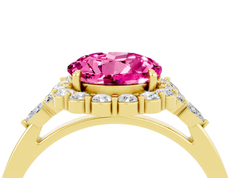Yellow gold Round Cut Pink Sapphire Halo Ring with Pear Side Stones and Prong Setting_16