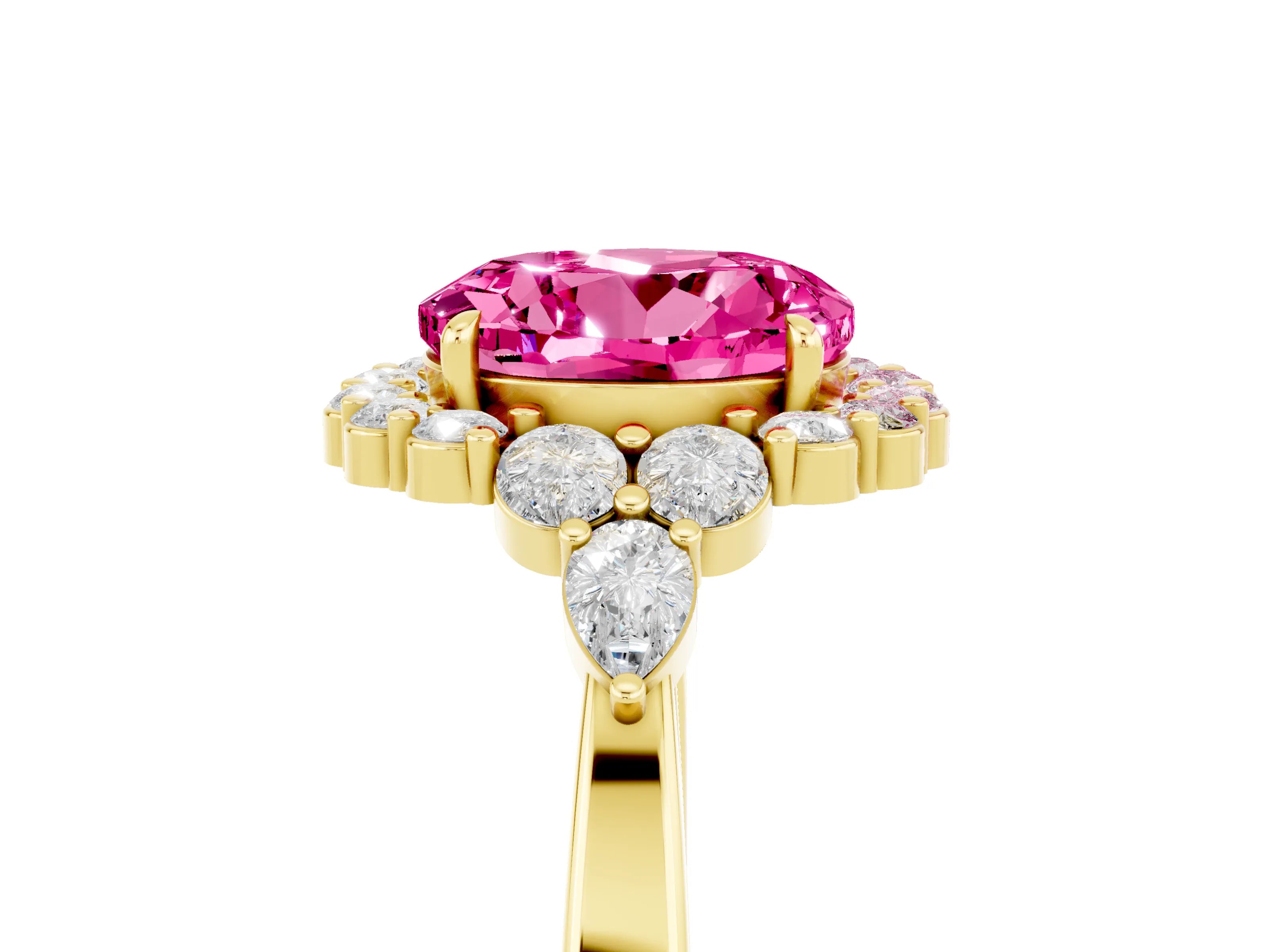 Yellow gold Round Cut Pink Sapphire Halo Ring with Pear Side Stones and Prong Setting_17