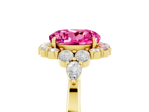 Yellow gold Round Cut Pink Sapphire Halo Ring with Pear Side Stones and Prong Setting_17