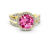 Yellow gold Round Cut Pink Sapphire Halo Ring with Round Split Shank and Prong Setting_48