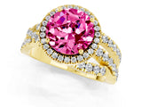 Yellow gold Round Cut Pink Sapphire Halo Ring with Round Split Shank and Prong Setting_49