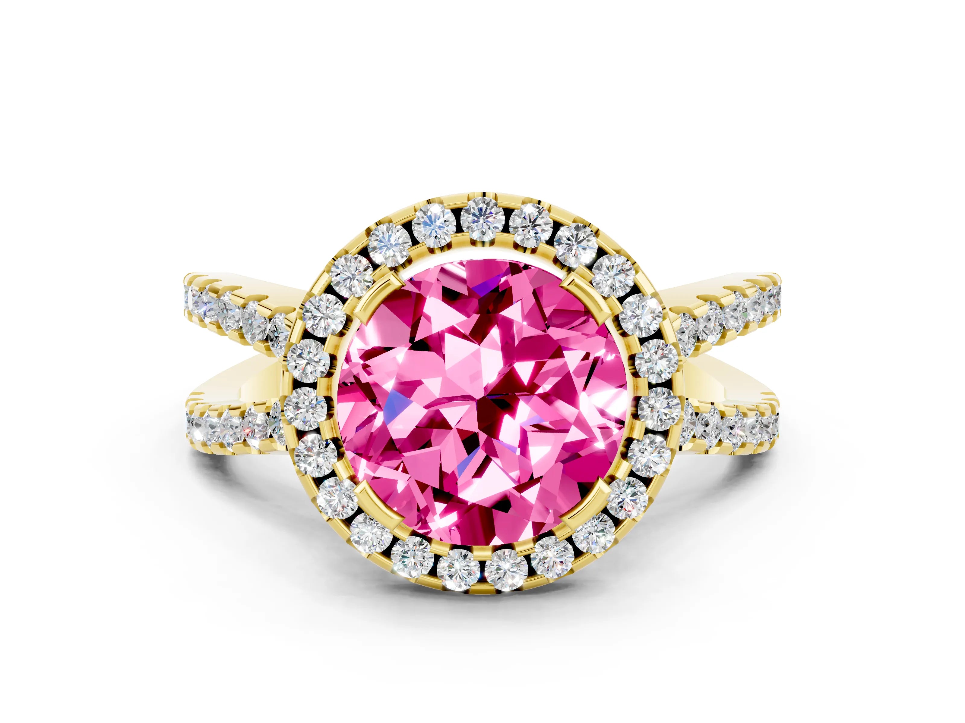 Yellow gold Round Cut Pink Sapphire Halo Ring with Split Shank Pavé Band and Prong Setting_12