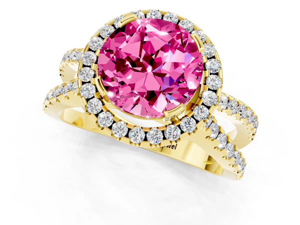 Yellow gold Round Cut Pink Sapphire Halo Ring with Split Shank Pavé Band and Prong Setting