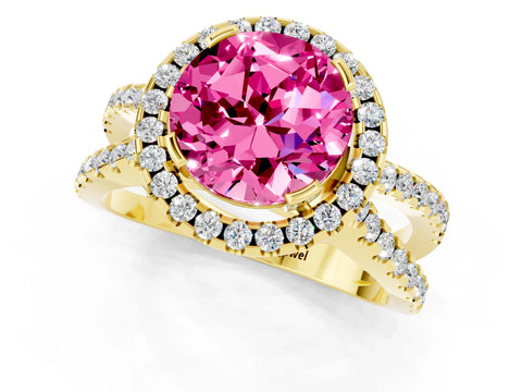 Yellow gold Round Cut Pink Sapphire Halo Ring with Split Shank Pavé Band and Prong Setting_13