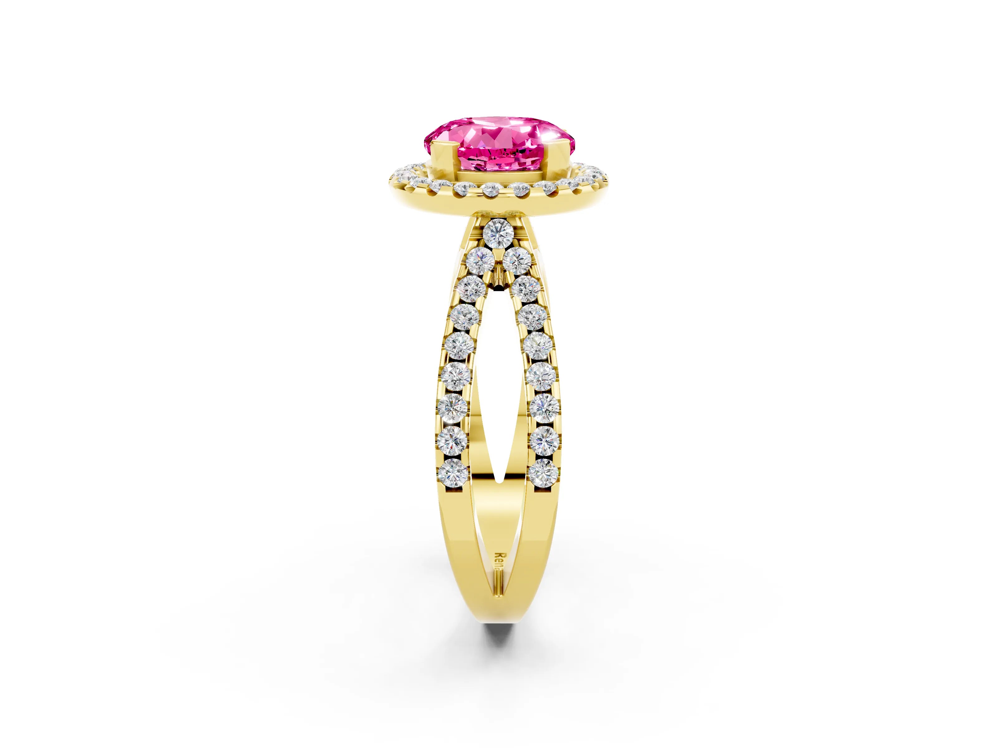 Yellow gold Round Cut Pink Sapphire Halo Ring with Split Shank Pavé Band and Prong Setting_14