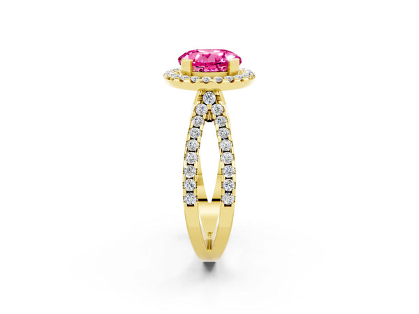 Yellow gold Round Cut Pink Sapphire Halo Ring with Split Shank Pavé Band and Prong Setting