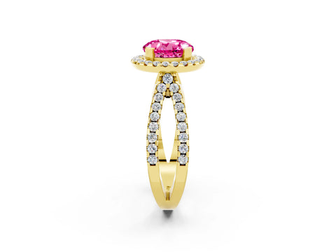 Yellow gold Round Cut Pink Sapphire Halo Ring with Split Shank Pavé Band and Prong Setting_14