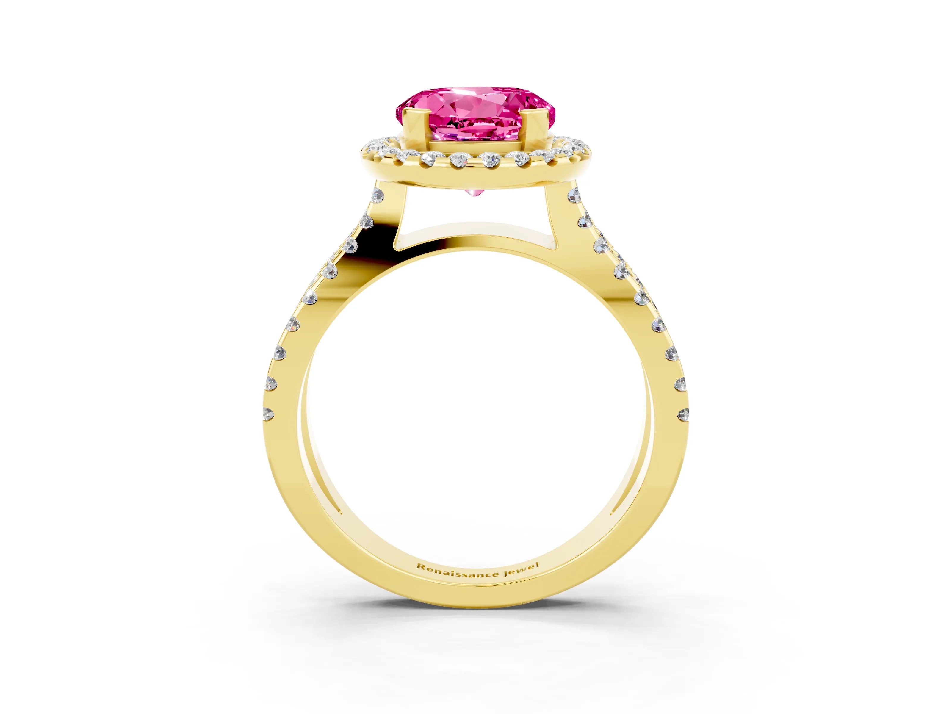 Yellow gold Round Cut Pink Sapphire Halo Ring with Split Shank Pavé Band and Prong Setting_15