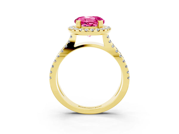 Yellow gold Round Cut Pink Sapphire Halo Ring with Split Shank Pavé Band and Prong Setting