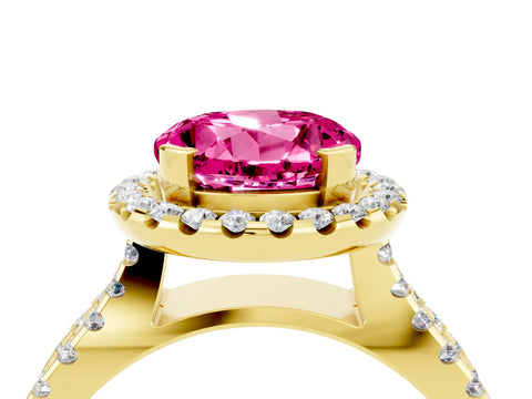 Yellow gold Round Cut Pink Sapphire Halo Ring with Split Shank Pavé Band and Prong Setting_16